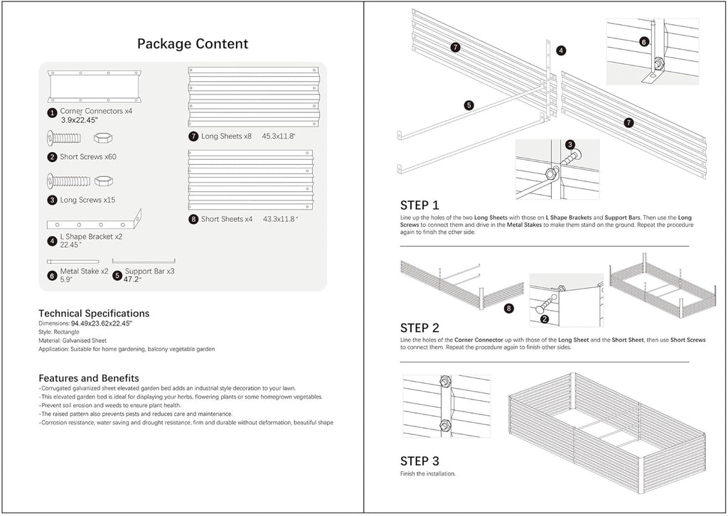 8x4x2FT Metal Raised Garden Bed Kit, Galvanized Outdoor Garden Bed Planter Box for Vegetables, Flowers, Herbs, Succulents and More, Black