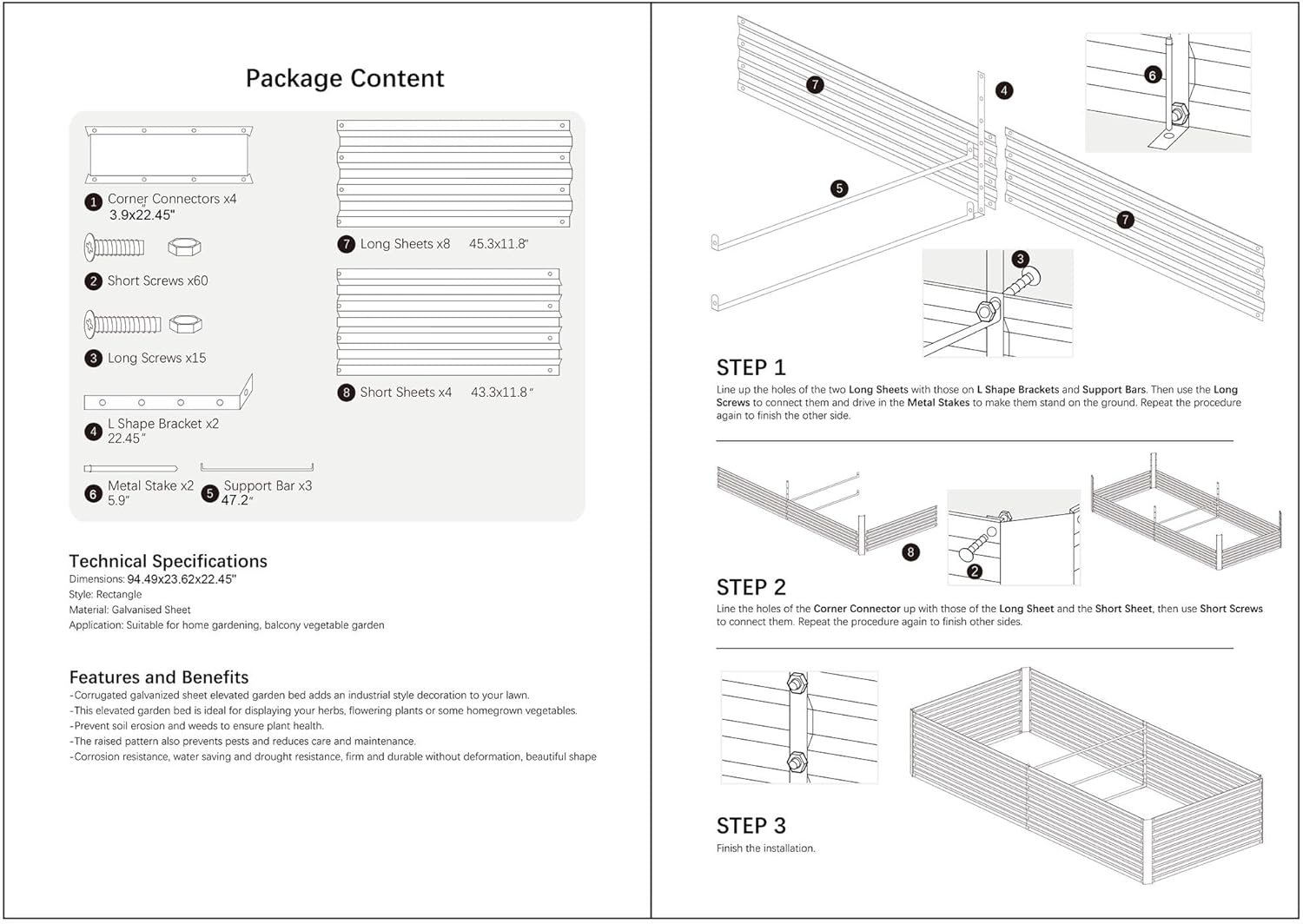 8x4x2FT Metal Raised Garden Bed Kit, Galvanized Outdoor Garden Bed Planter Box for Vegetables, Flowers, Herbs, Succulents and More, Black