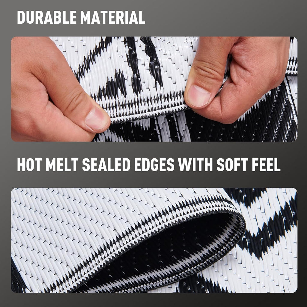 WILDROOTS 6x9 Feet Black and White Plastic Outdoor Rug, Stain Resistant Waterproof Reversible Outdoor Patio Rug, Fade Resistant Camping Rug