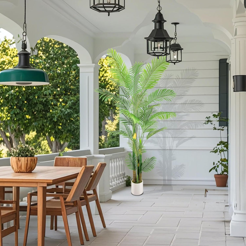 Artificial Fake Palm Tree 9FT 1Pack with White Planter & Free Moss, UV Resistant Artificial Palm Tree for Outdoors, Fake Plants for Poolside Home Room Decor, Faux Plants Outdoor Decor