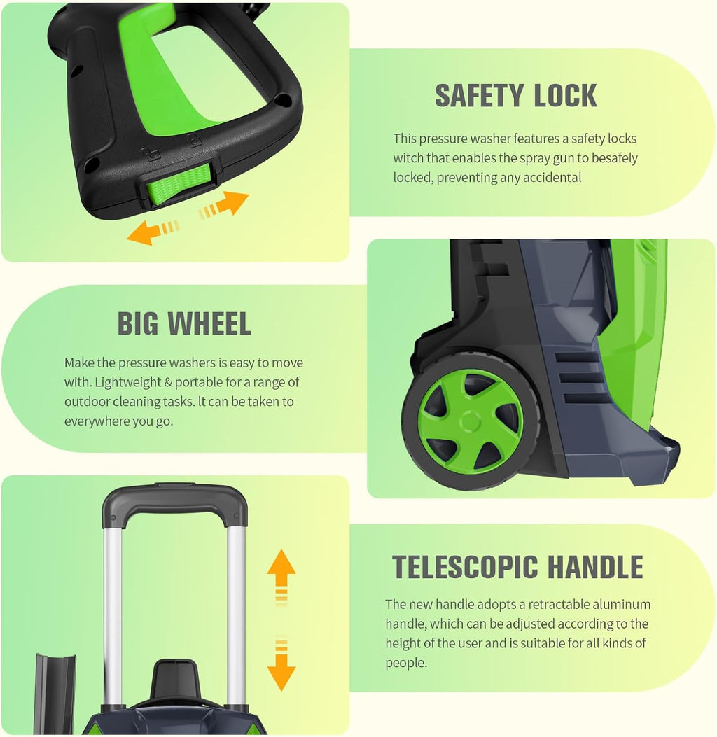 Pressure Washer with 25 FT Hose, 16.4 FT Power Cord, Soap Tank Car Wash Machine Green