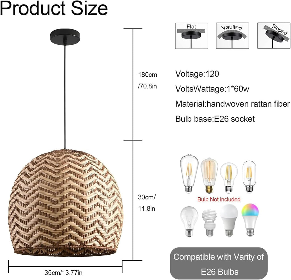 13.77" Rattan Pendant Light 1-Pack Rustic Curry Rattan Hanging Light Hand-Woven Wicker Chandelier for Dining Living Bedroom Kitchen Farmhouse