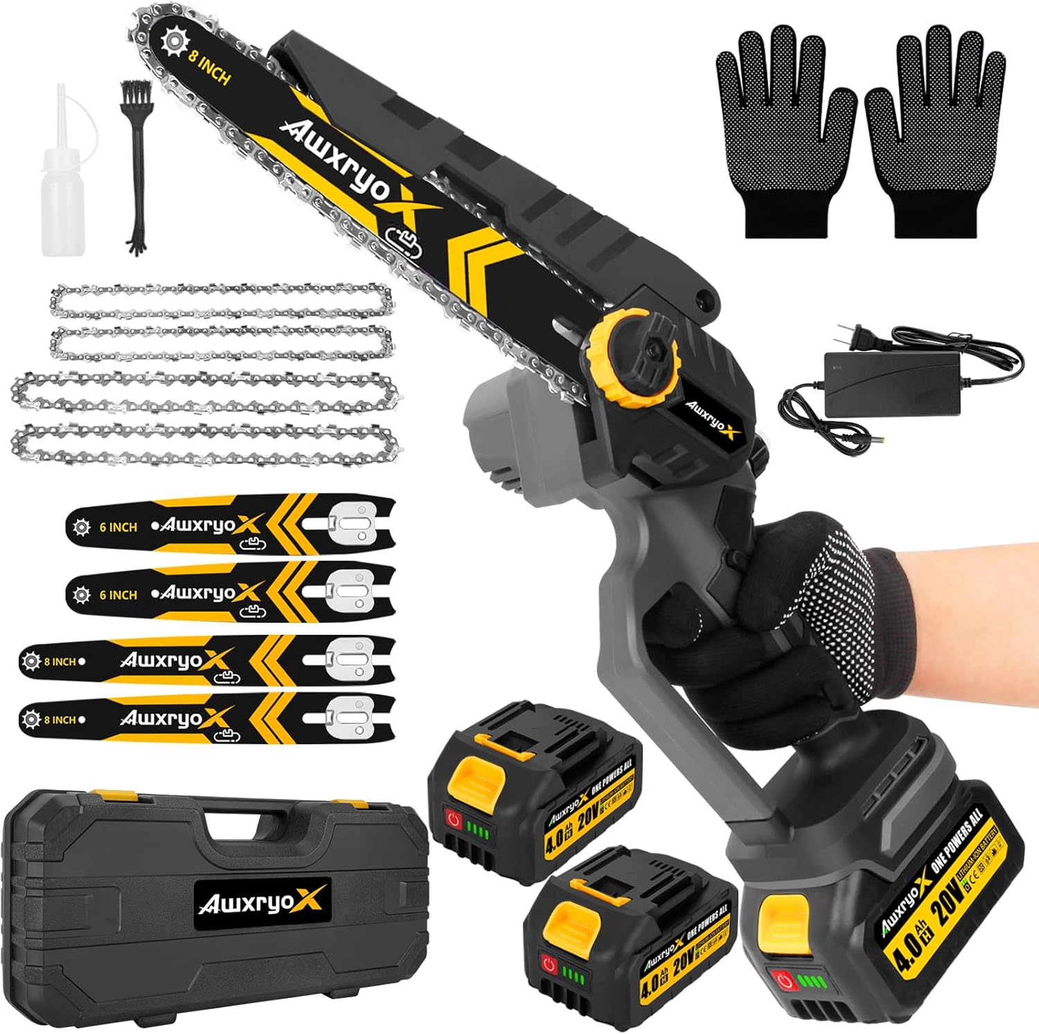 8" & 6" Mini Chainsaw Brushless, 2025 Upgraded 2x4.0AH Battery Portable Handheld Small Cordless Saw with 4 x Guide Plate, Electric Hand Saw Motosierra for Wood/Tree Cutting Gardening Pruning