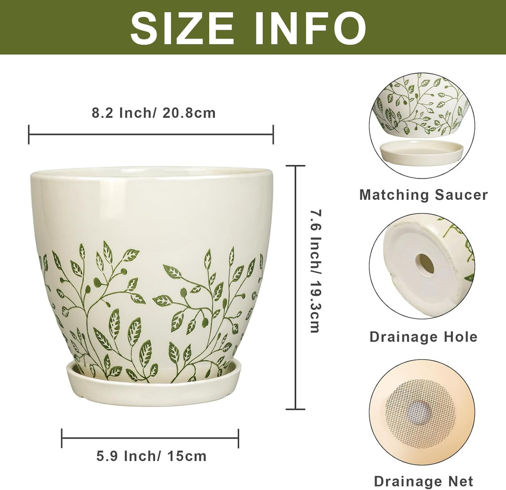Ceramic Planter for Indoor Plants - 8.2 Inch Plant Pot with Drainage Hole and Saucer, Boho Round Planter for Indoor Outdoor Flowers, Plant Lover Gifts, Home Garden House Decor, White