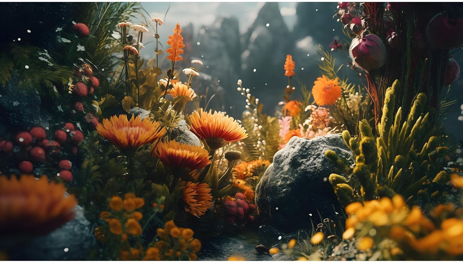 Foggy Stone Aquarium Background Green Seaweed Scenery Orange Floral Fish Tank Background Durable Flower Reptile Tank Background Yellow Flowers Tank Backdrop Wallpaper 30x12in