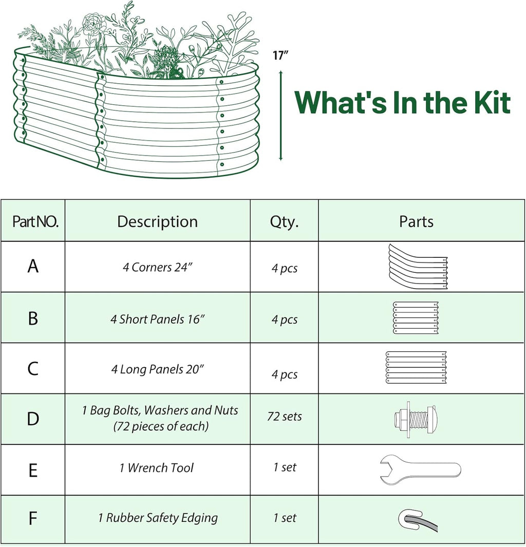 Olle 17" Tall Raised Garden Bed Kit Fruits Vegetables Flowers Planter Box 12-in-1 Galvanized Planter Boxes for Outdoors Size 5X5 Feets 8X2 Feets, Midnight Grey 17" Tall