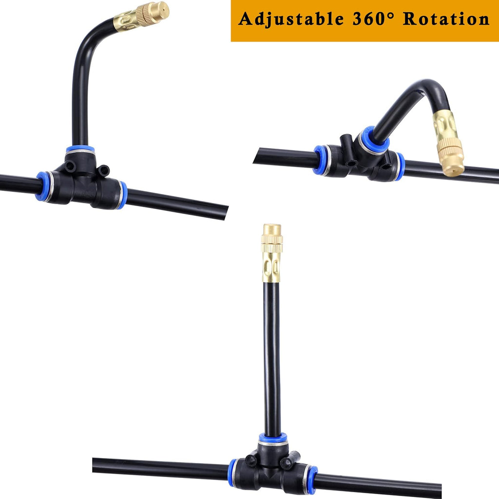 Mornajina 5Packs Brass Misting Nozzles Tee with 4inch Built in Hose for Outdoor Cooling System, Adjustable 360° Rotation, Water Mister Nozzles Thread Sprayer 0.043" (1.1 mm)