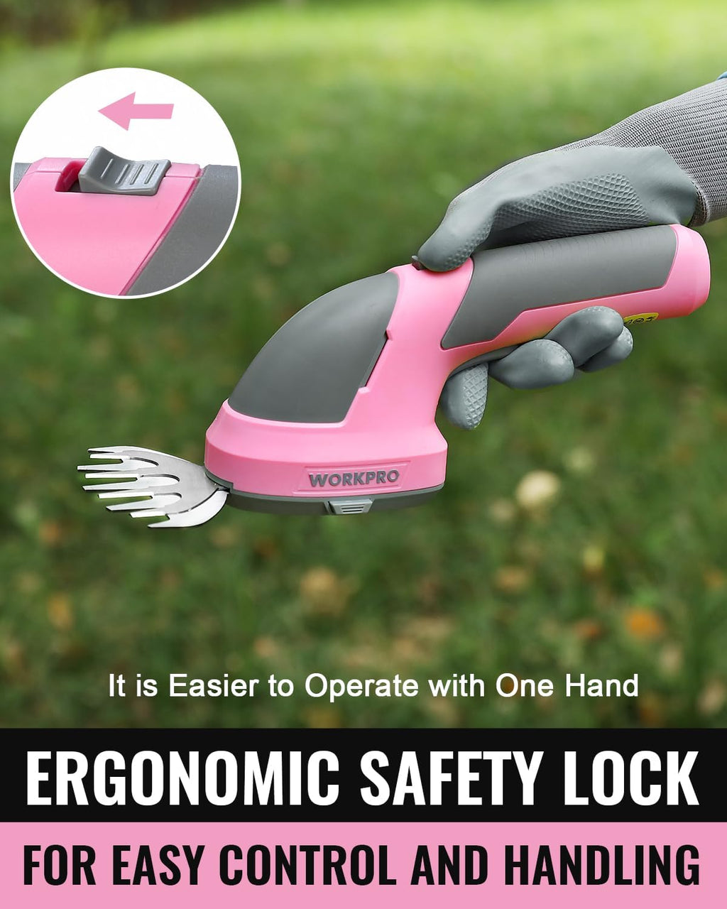 WORKPRO Cordless Grass Shear & Shrubbery Trimmer - 2 in 1 Handheld Hedge Trimmer 7.2V Electric Grass Trimmer Hedge Shears/Grass Cutter Rechargeable Lithium-Ion Battery and Type-C Cable - Pink Ribbon