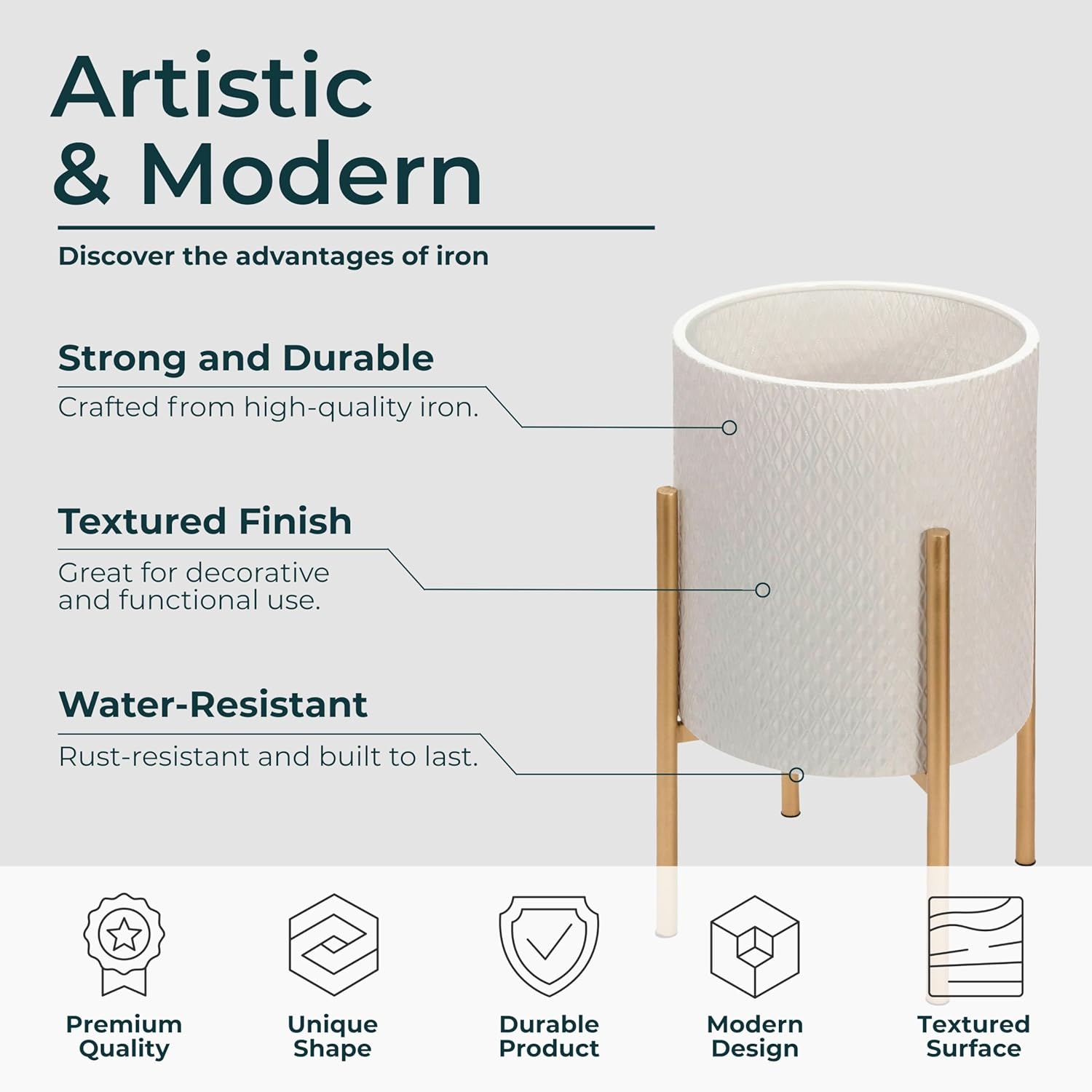 Set of 2 Metal Decorative Planter Pot with Gold Stand – Outdoor & Indoor Plant Pot with Embossed Textured Finish – Modern Garden & Home Decor Iron Planters – 23" & 19", White