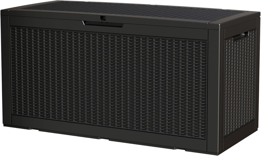 100 Gallon Storage Box, Waterproof Resin Deck Box with Hydraulic Piston Design, Lockable Storage Bench for Package Delivery, Storage Bin for Patio Cushions, Garden Tools, Black