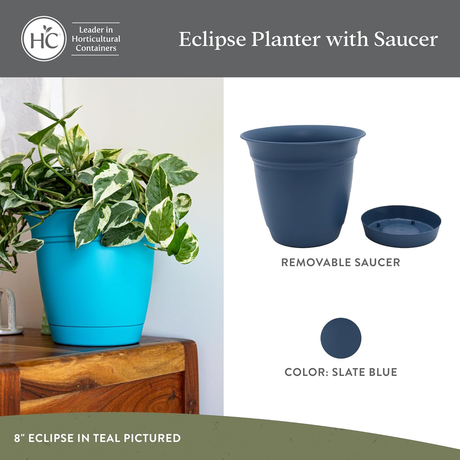 The HC Companies Eclipse Round Planter with Saucer - Outdoor & Indoor Plant Pot with Drainage Holes - Lightweight, UV-Resistant Plastic Pots for Plants, Flowers & Herbs (8" Slate Blue, Pack of 1)