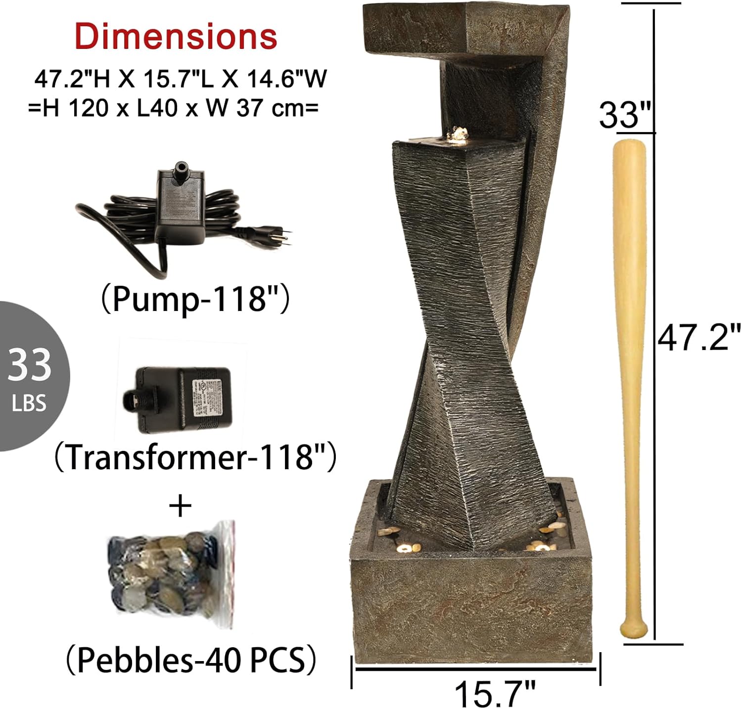 Garden Modern Outdoor Fountain, 47.2" Floor Standing Outdoor Water Fountains with Lights for Garden, Backyard, Patio, Porch, Deck and Home Art Decor