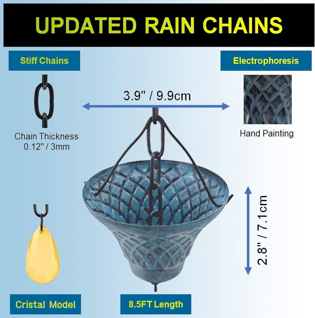 [Upgraded] 8.5FT Sky Blue Iron(Both-Sided) Rain Chains for Gutter and Rain Barrel, Rust-Resistant Plated Garden Décor Rain Chain for Downspout, W/Rain Chain Gutter Adapter, Earrings for House