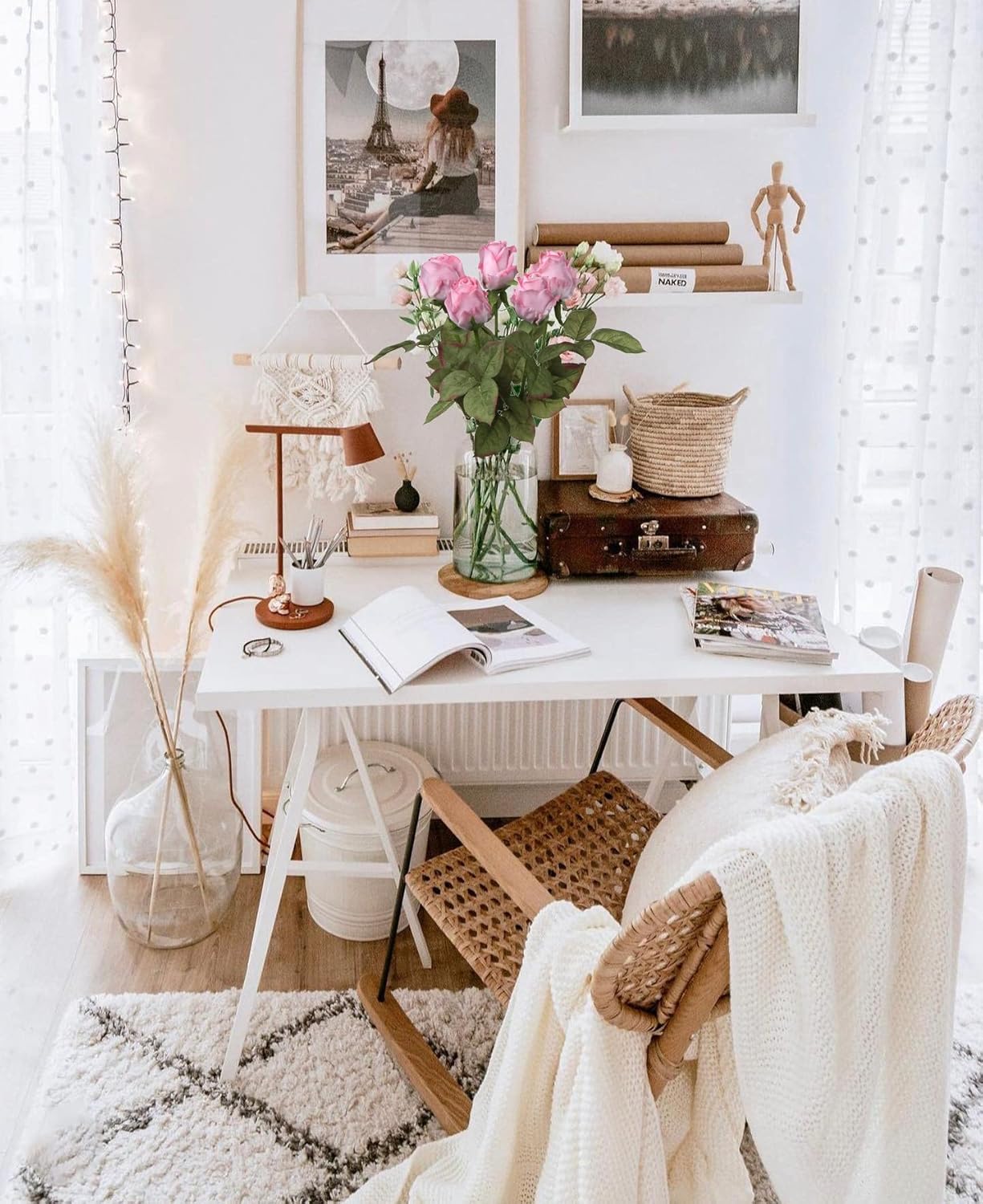 Artificial Realistic Roses Pink Flowers 24" Real Touch Silk Roses Bouquet Long Stems Rose Fake Roses Decor for Home Party Wedding Table Centerpieces Roses Realistic - 5 Pcs