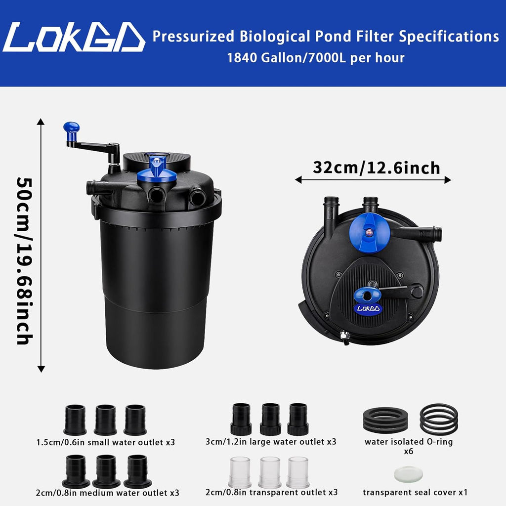 Pressure Biological Pond Filter,1840 GPH Pond Filter with 15W Light,7000L Bio Pressurized Pond Filter for Outdoor Pond Koi Fish Garden Pond Pool