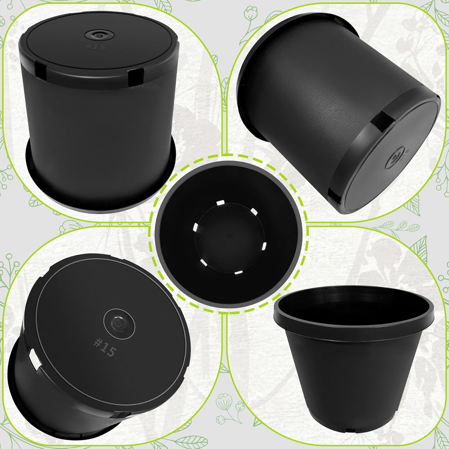 15 Gallon Nursery Pots Plastic Container Injection Molded Pot for Plants Flexible with Drainage Holes Suitable for Plants Soil Growers or Hydroponics Black 10 Pcs