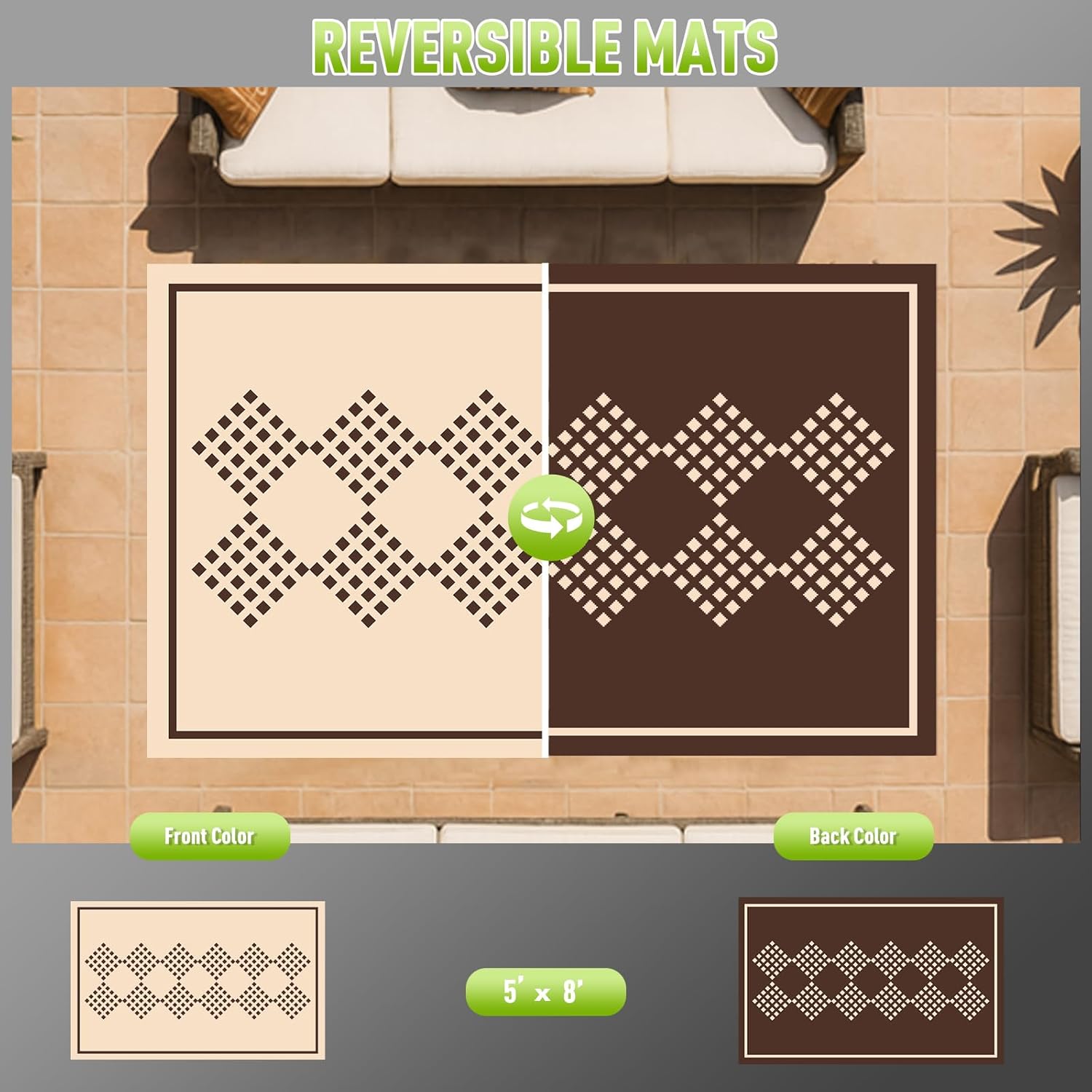 WILDROOTS 5x8 Feet Square String Plastic Outdoor Rug, Stain Resistant Waterproof Reversible Outdoor Patio Rug, Fade Resistant Camping Rug