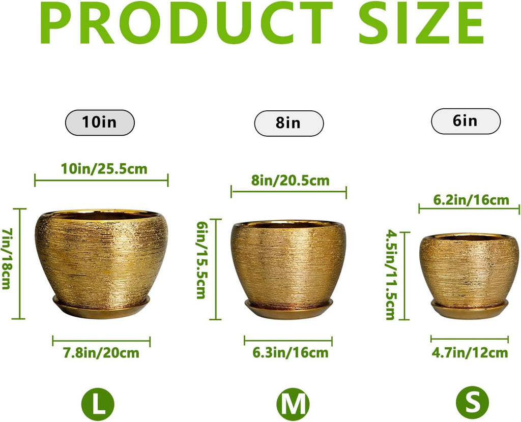 Flower Pots for Indoor & Outdoor Plants - Ceramic Pots 10 Inch, 8 Inch, 6 Inch with Drainage Holes, Saucers - Decorative Large Planters Set of 3 Gold