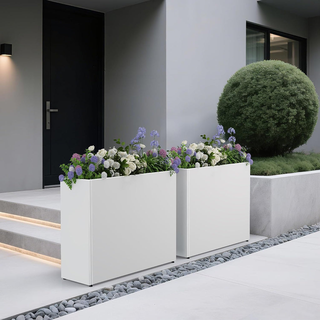 Tall Metal Planter for Outdoor Plants,30" Lx10“Wx24”H All-Weather Durable Plant Box,Large Rectangular Planter with Drainage Holes & Removable Shelf,Modern Decor for Tall Small Plants, Trees, Flowers