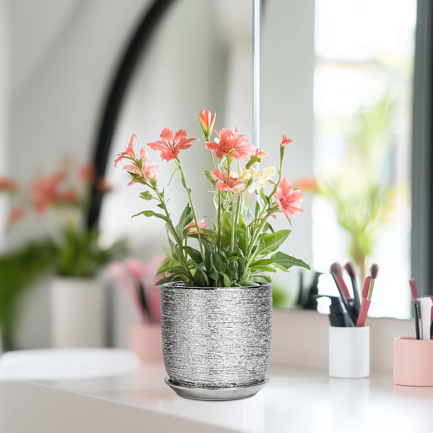 Ceramic Plant Pot 5 Inch - Indoor Planter with Drainage Hole and Saucer, Round Modern Flower Pot for Succulent Plants, Housewarming Gifts, Office Home Desk Decor, Silver