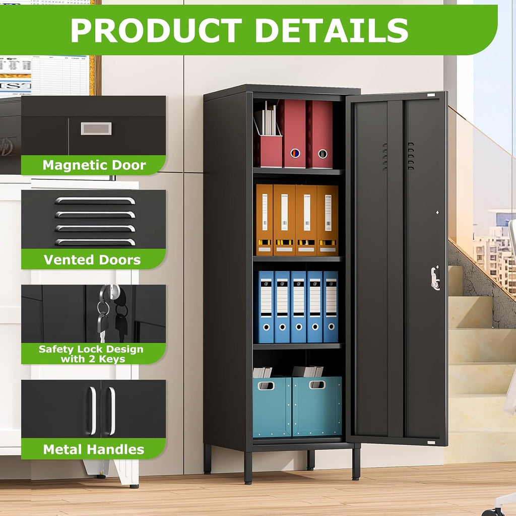 47" Metal Storage Locker, Lockable Employees Metal Locker with Door and Adjustable Shelves, Steel Locker for Home, School, Office, Gym (Black)