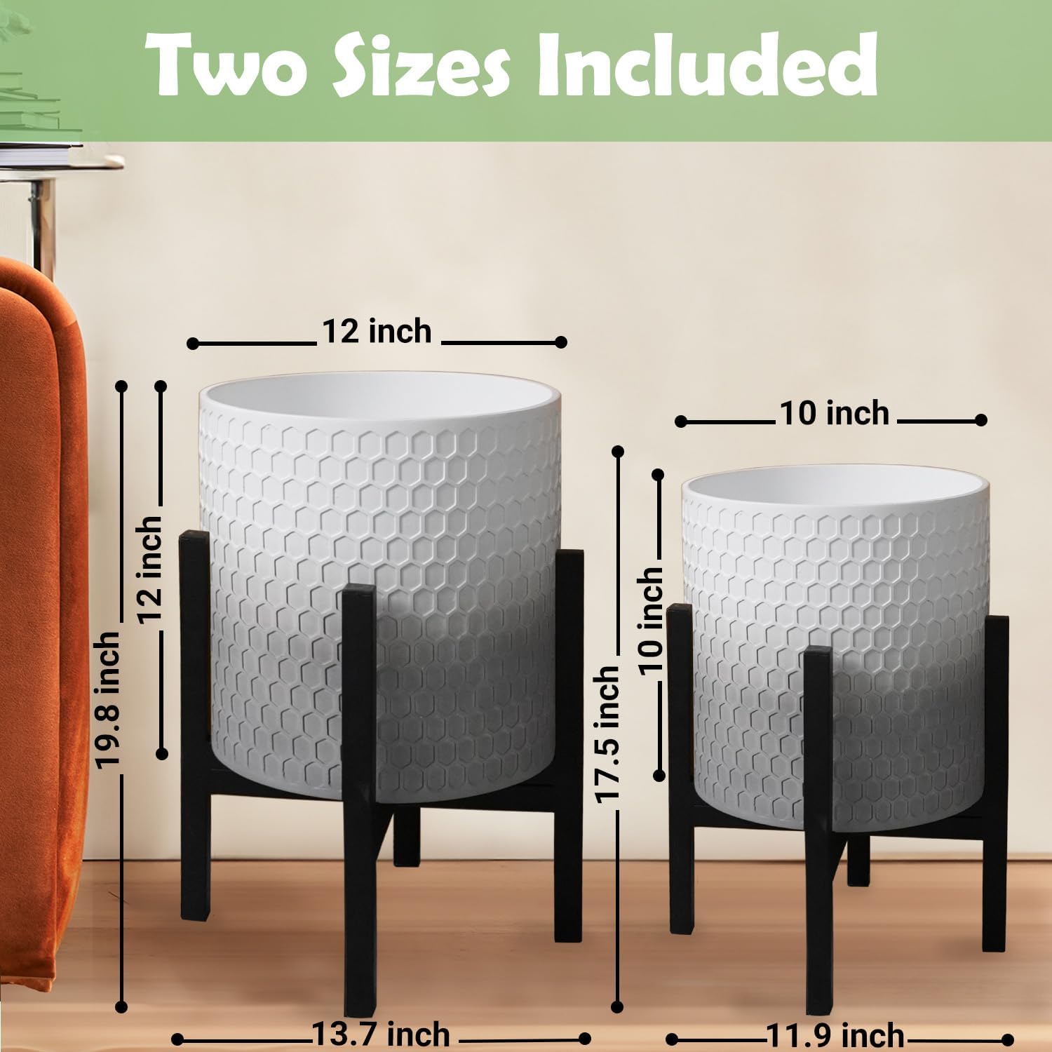 10 & 12 Inches Planters with Metal Sand for Indoor Plants Set of 2,Decorative Plant Pots with Holder, Outdoor Flower Pots with Legs, Modern Garden Pot with Drainage Holes for Snake Plant, House plants