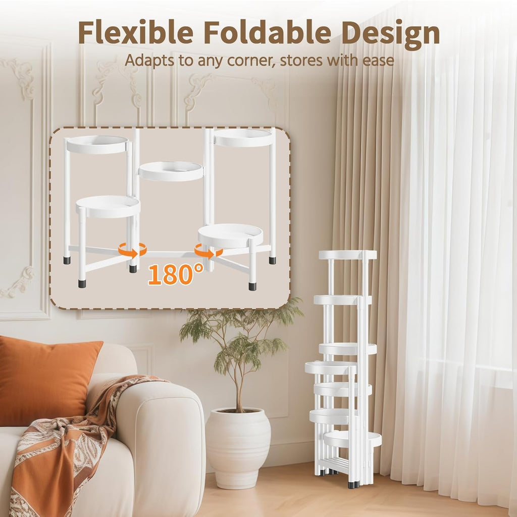 LASZOLA 7 Tiered Folding Plant Stand Indoor for Multiple Large Planter, Tall Heavy Duty Adjustable Rack with Rust Proof 10 Inch Wide Tray, Sturdy Vertical Tree Organizer for Narrow Inside Floor, White