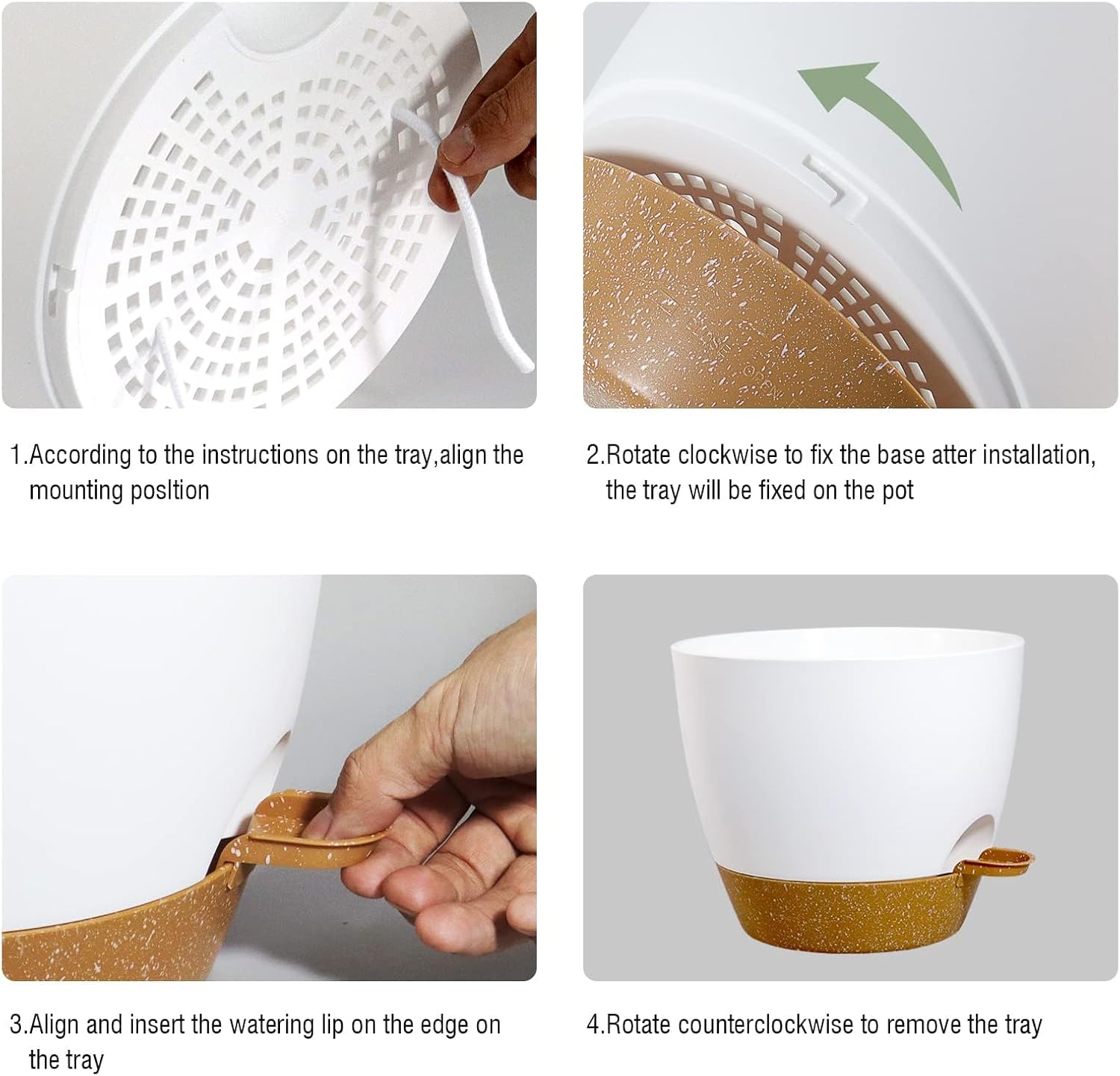 10/9/8 inch Self Watering Pots, Set of 3 Plastic Planters with Mesh Drainage Holes and Deep Reservoir for Indoor Outdoor Garden Plants and Flowers, White with Brown