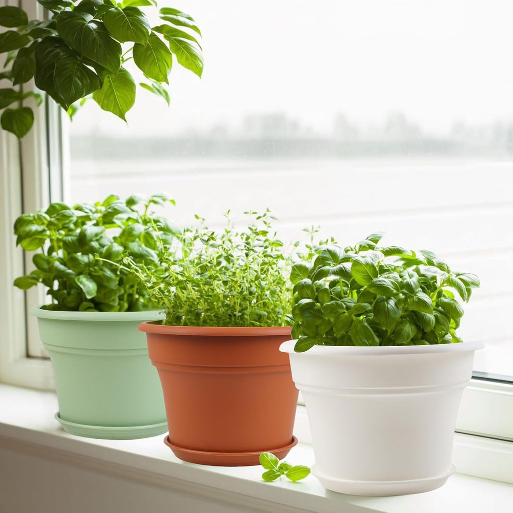 8 Inch Plastic-Flower Pot-for-Indoor Plants, 4 Pack Large Outdoor Planter Pot with Drainage Holes & Saucers, Resin Decorative Garden Pots Planters