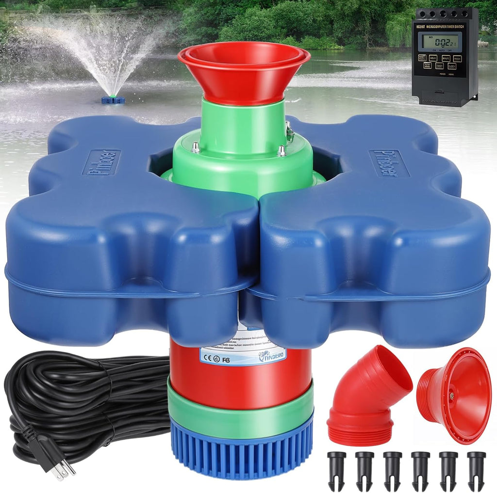 Pond Fountain Aerator with Time Controller-15000 GPH,110V 1HP 750W Floating Fountain Aeration System for Large and Small Ponds,Aerator Water Pump for Outdoor Ponds & Lakes with 15A/100FT Power Cord