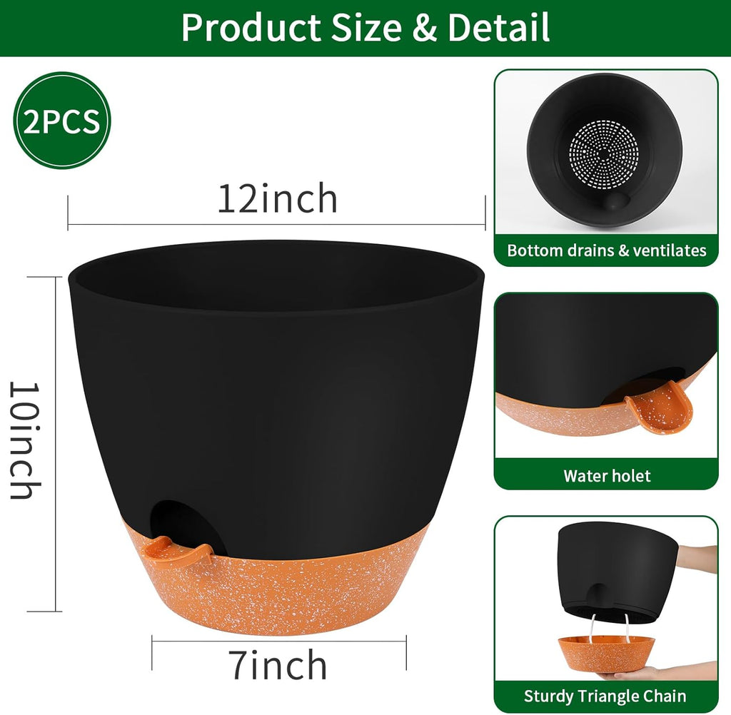 GARDIFE 12 inch planters, Plant Pots,Self Watering Pots, 2 Pack Large Plastic Flower pots with Deep Reservior and High Drainage Holes for Indoor Outdoor Plants and Flowers, Black