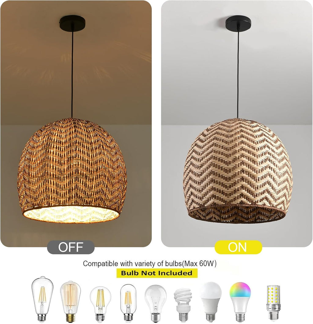 13.77" Rattan Pendant Light 1-Pack Rustic Curry Rattan Hanging Light Hand-Woven Wicker Chandelier for Dining Living Bedroom Kitchen Farmhouse