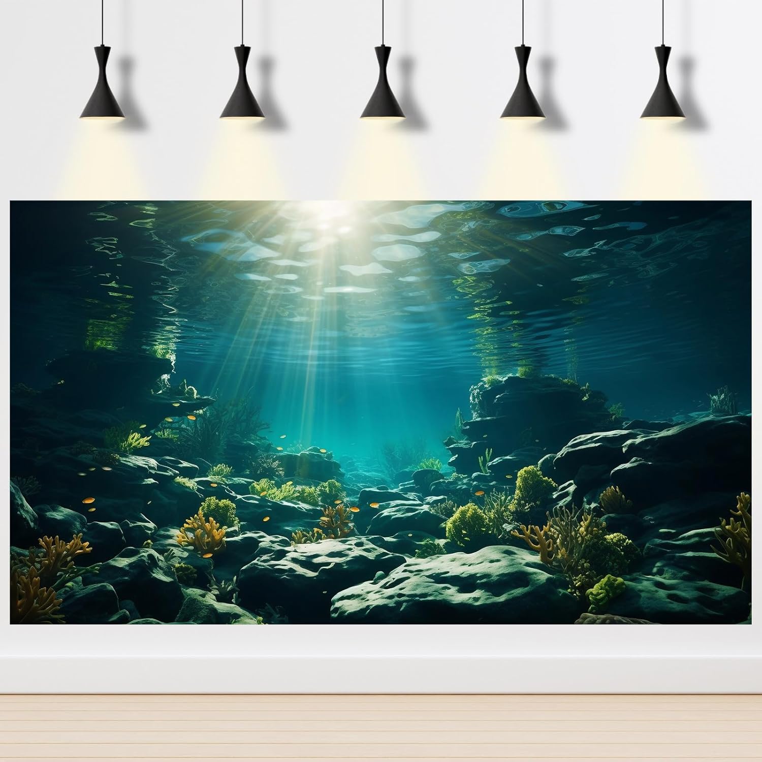 Aquarium Background Underwater Aquatic Plants Rocks Fish Terrarium Backdrop Sunlight Rays Coral Fish Tank Background Cave Style Landscape Sea Grass Tank Wallpaper Poster Vinyl 48x18in