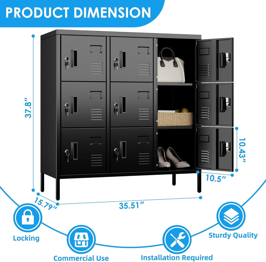 METAN Metal Locker with Padlock and Keys for School Office Gym Bedroom, 9 Doors Black Steel Storage Locker Cabinet for Employees Industrial Storage,Assembly Required