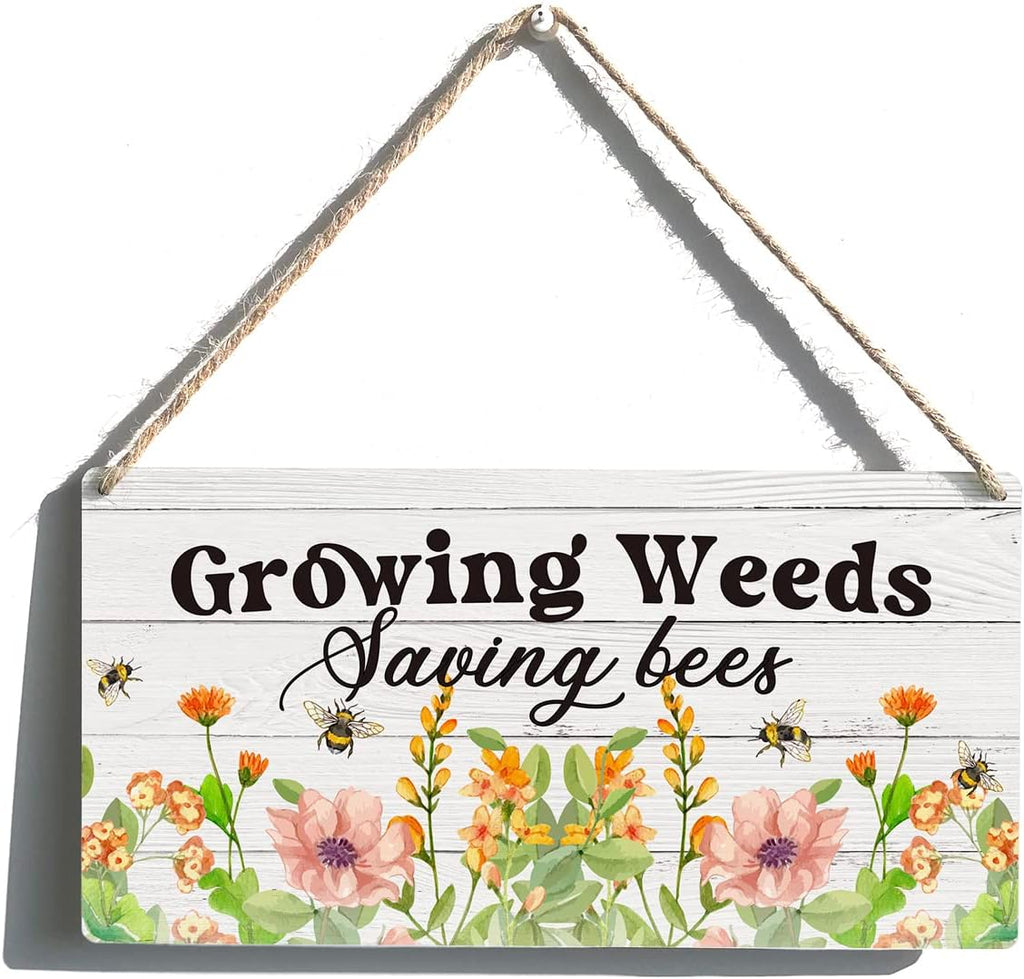 Garden Sign Gift Farmhouse Growing Weeds Saving Bees Wooden Hanging Sign Plaque Colourful Rustic Wall Art Decor for Home Garden Decoration 12 x 6 Inches