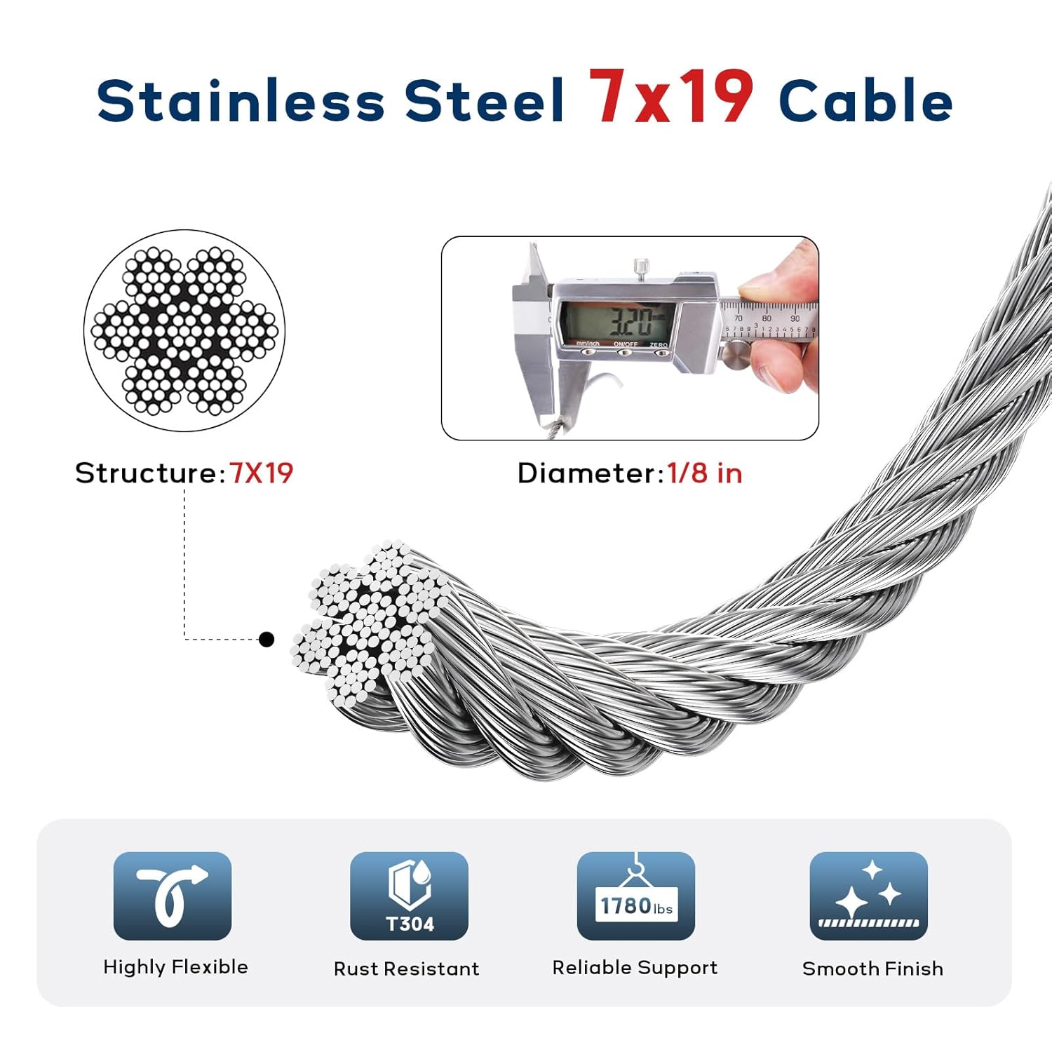1/8 Inch Stainless Steel Cable 200FT, 7x19 Strand Wire Rope Kit with Thimbles, Clips & Aluminium Sleeves for Plants Climbing, Deck Fence Railing, String Light Haning and DIY Projects