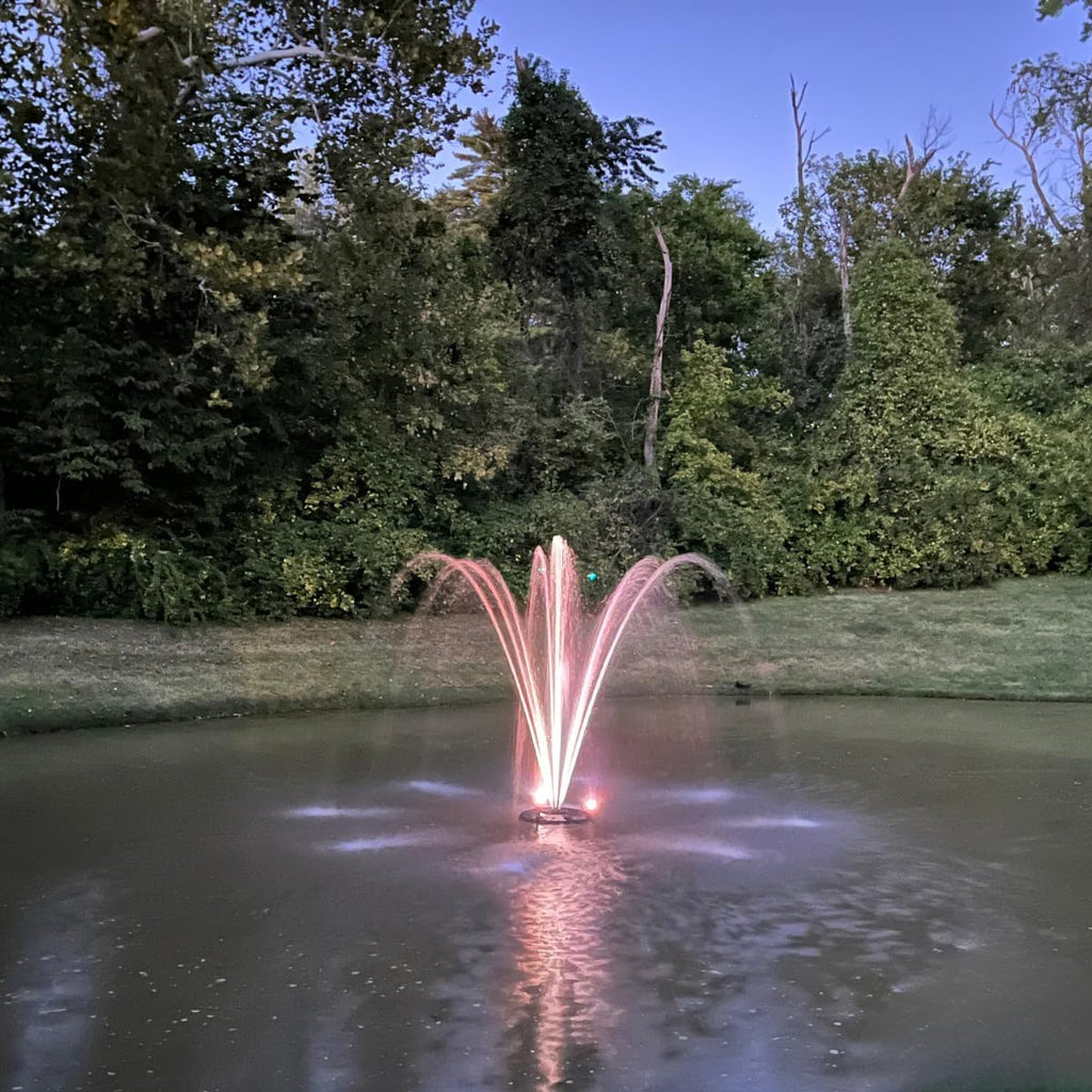 HALF OFF PONDS Floating Fountain – 1.2 HP Pond Aerator, 100' Cord – 10,000 GPH Water Pump – 11 Spray Patterns - Color-Changing LED Lights - for Large Ponds, Lakes & Water Gardens