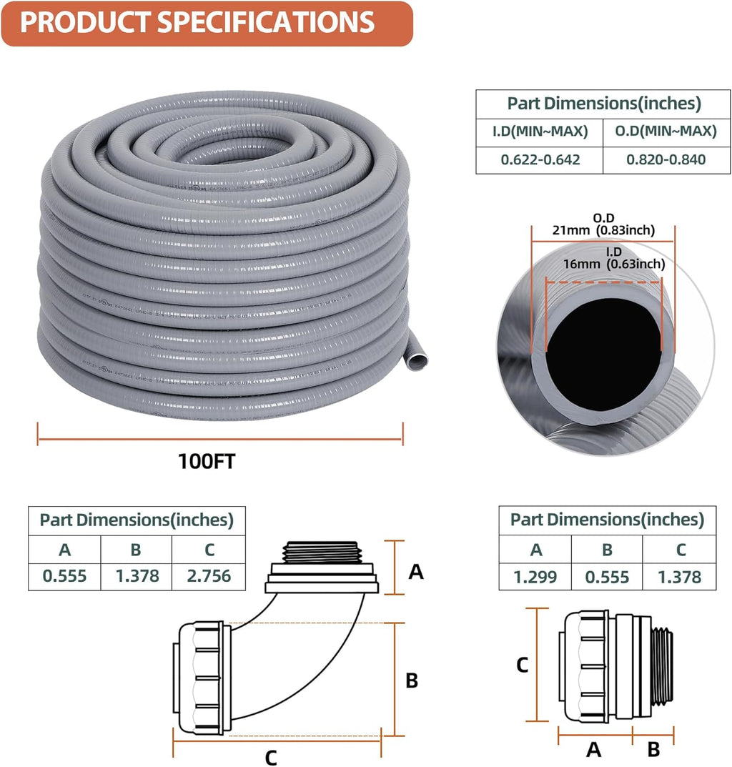 1/2" Liquid-Tight PVC Conduit Kit, 100ft with 10 Connectors, Grey, 5 Straight & 5 90-Degree Fittings, UL Certified, Flexible, Easy Installation, Multi-Application