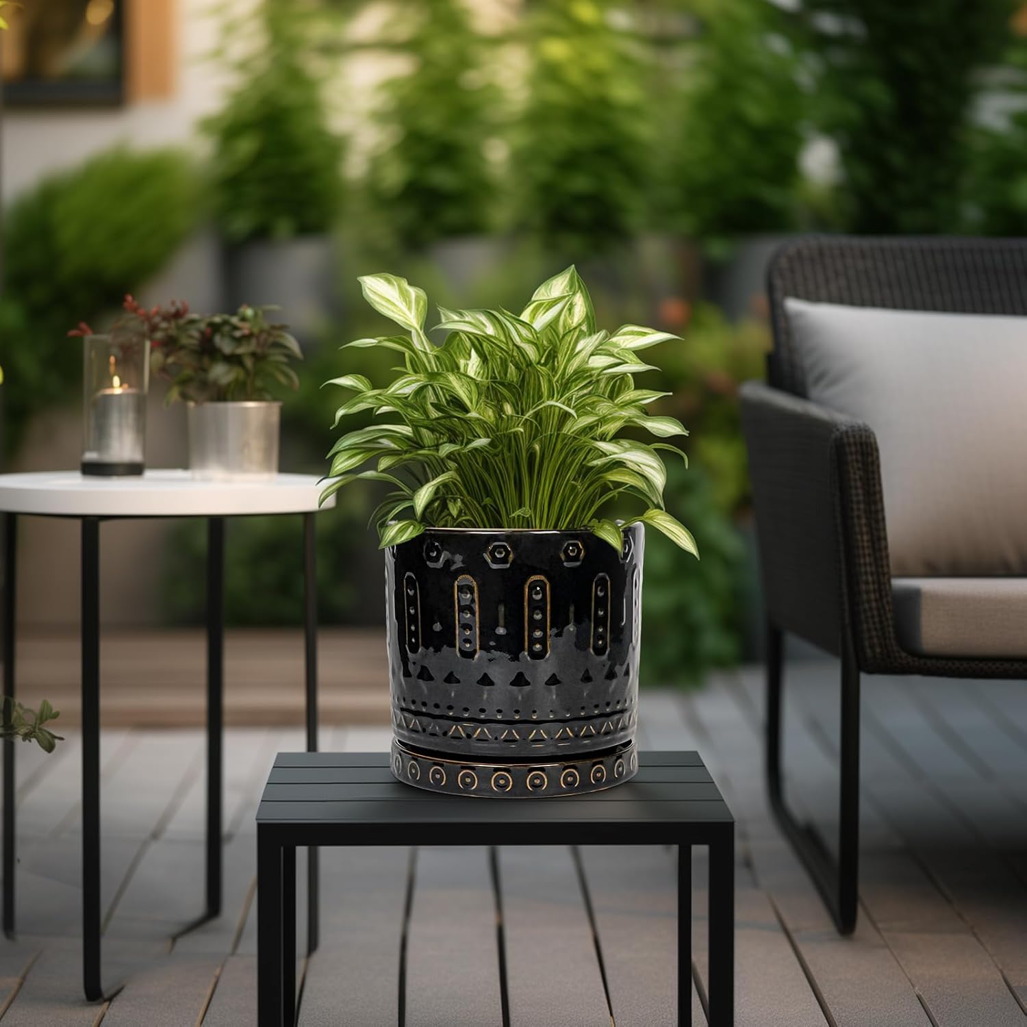 Ceramic Pot for Plants - 8 Inch Plant Pots Indoor with Drainage Hole and Saucer, Decorative Round Planter Outdoor, Boho Ceramic Planter for Flower, House Garden Decor, Gardening Gifts, Black