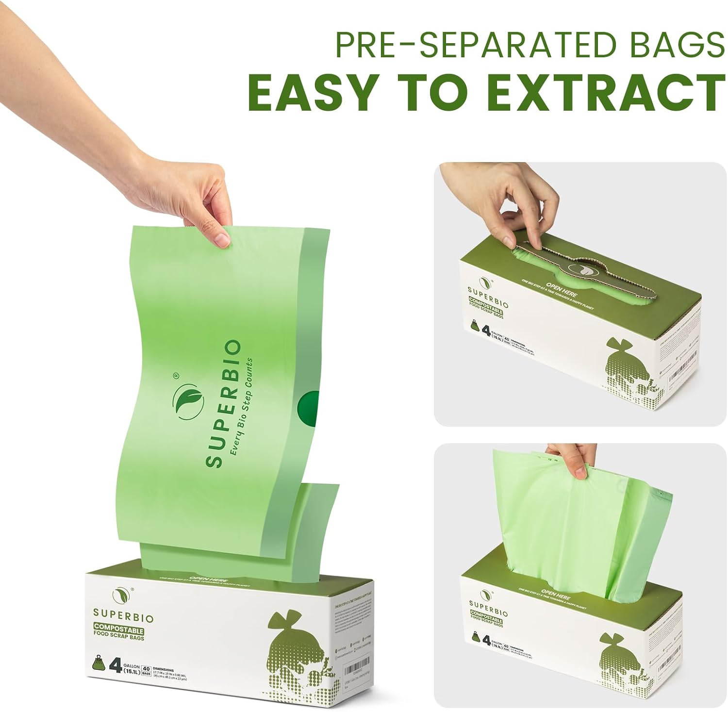 SUPERBIO 4 Gallon Compostable Drawstring Food Scrap Bags,15.1 Liter, 40 Count, 0.9 Mil,Heavy Duty Waste Bags, BPI, Seedling and OK compost INDUSTRIAL