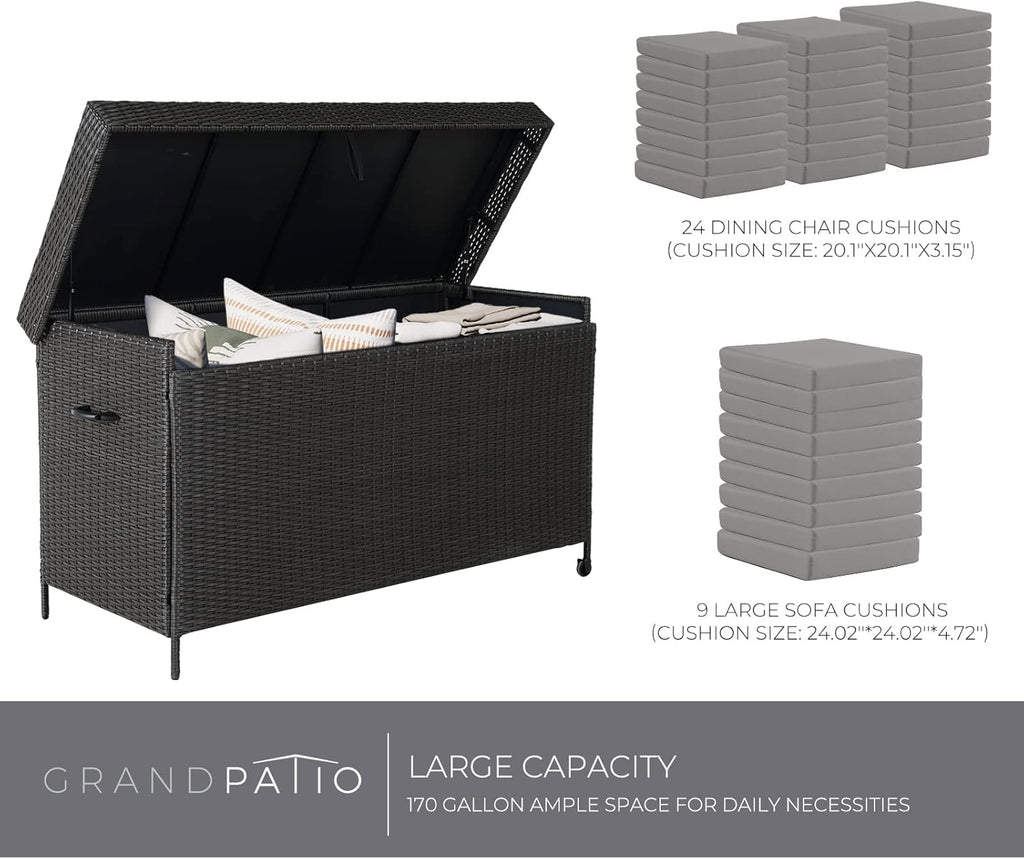 Grand patio 170 Gallon Storage Box, Dark Brown PE Wicker, Minimalist Style, Water Resistant, Flip Top, Smooth Wheels, for Patio Furniture Cushions, Garden Tools, Pool Accessories