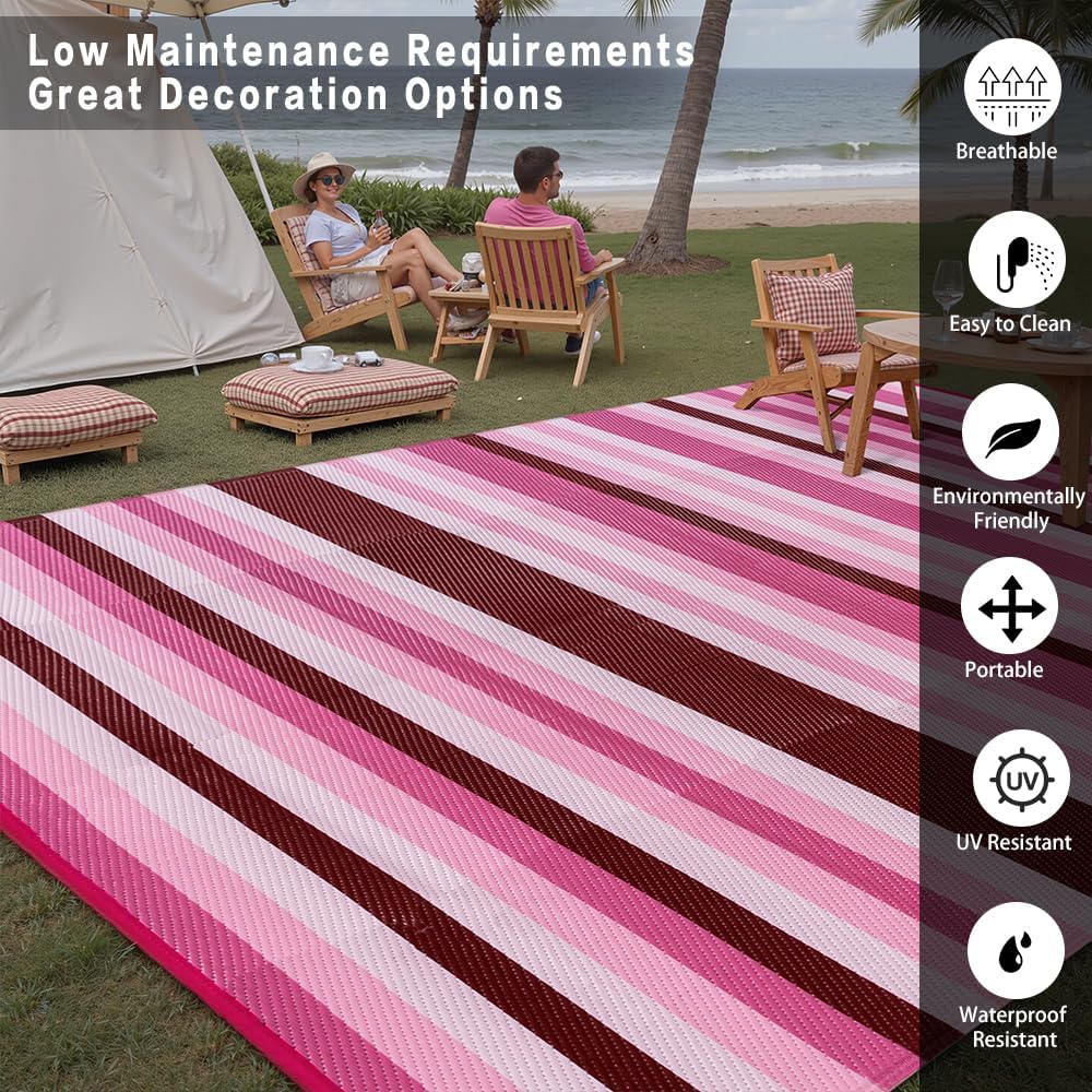 Outdoor Waterproof Rug 8'x10' Plastic Straw Rugs Washable Reversible Floor Mat Pink Stripe Carpet for Camping RV Deck Entryance Porch Picnic Balcony Beach Backyard