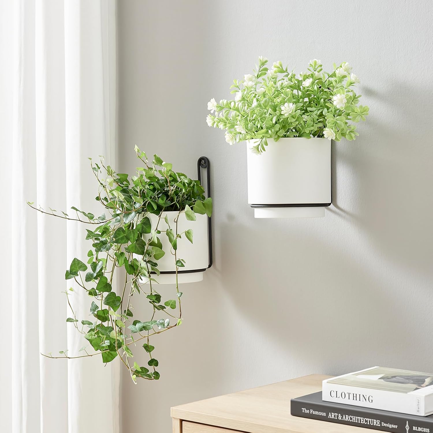 2 Pcs Wall Mounted Hanging Planter Vase for Indoor and Outdoor Plants Modern Metal Wall and Ceiling Planter Minimalist Flower Pot (White, 5.91 inch)