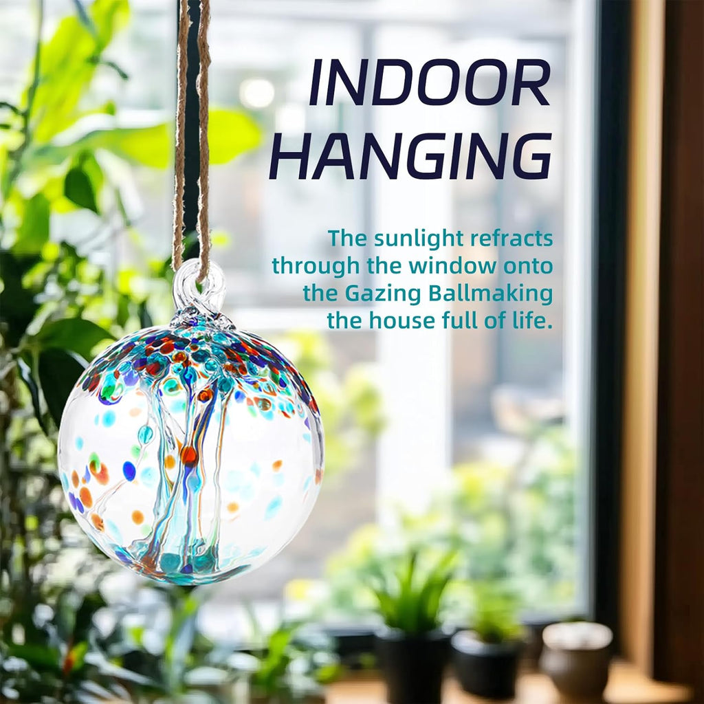 VOREEN 4" Hanging Glass Garden Gazing Ball Hand Blown Glass Witch Ball Christmas Ornament Friendship Balls for Outdoor Garden Patio Window Home Décor, Gift for Mom Wife Friend, Teal Blue