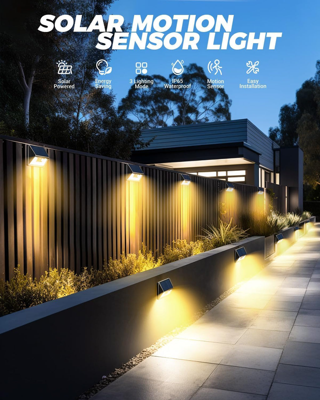 4 Pack Solar Fence Lights, Waterproof Motion Sensor Deck Outdoor, Warm White LED Outside Wireless for Wall Yard Steps Stairs Garden - Black