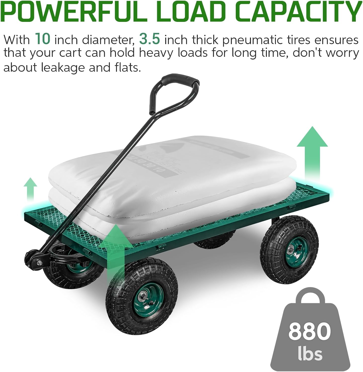 TAIFA Heavy Duty Steel Garden Cart 880 Lbs Capacity with Removable Sides for Yard Lawn and Farm, Metal Utility Wagon with 180° Rotating Handle, Green