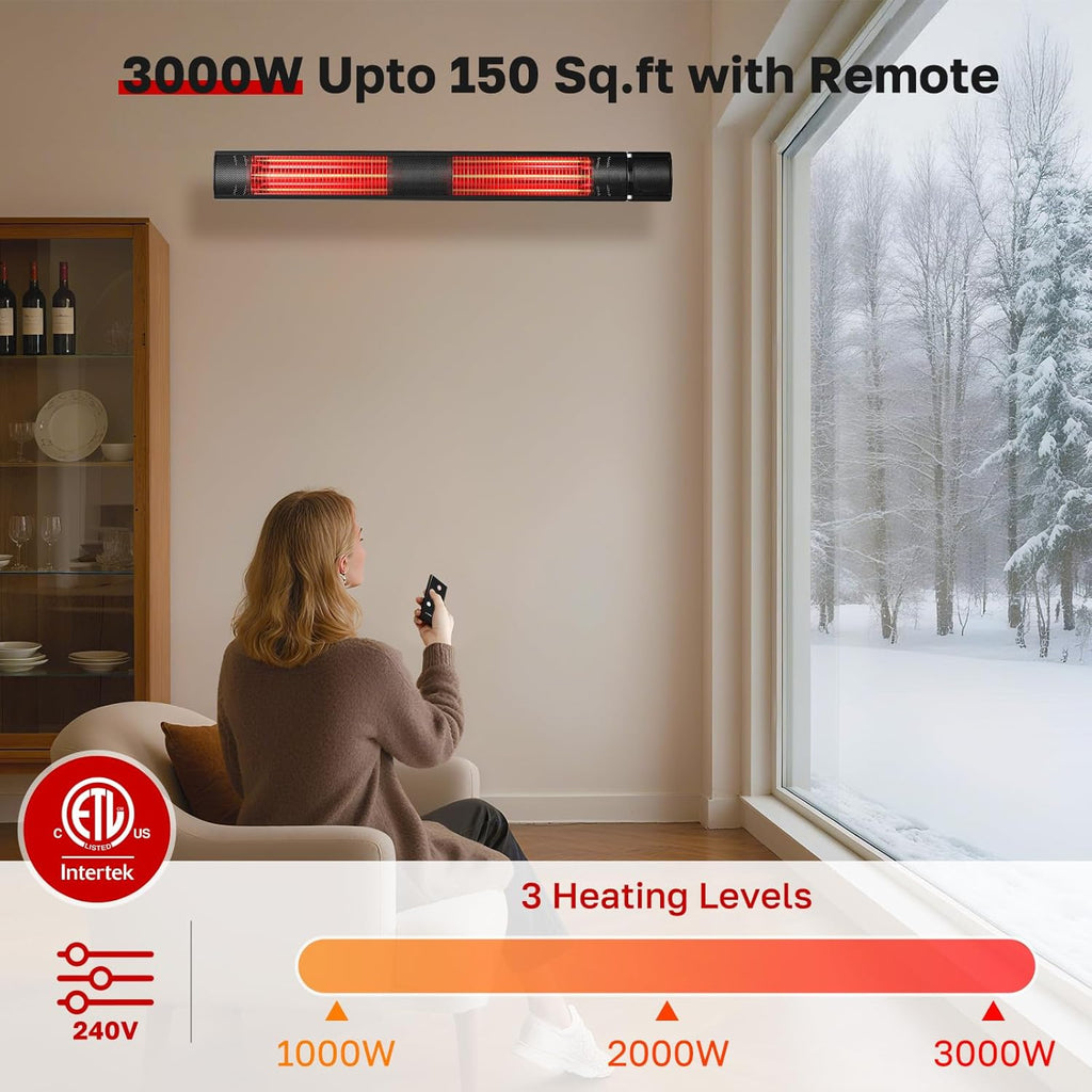 ThermoMate Infrared Heater, Outdoor Heater for Patio, Garage, Restaurant, 3000W Golden Halogen 240V with Remote, ETL Certified Black