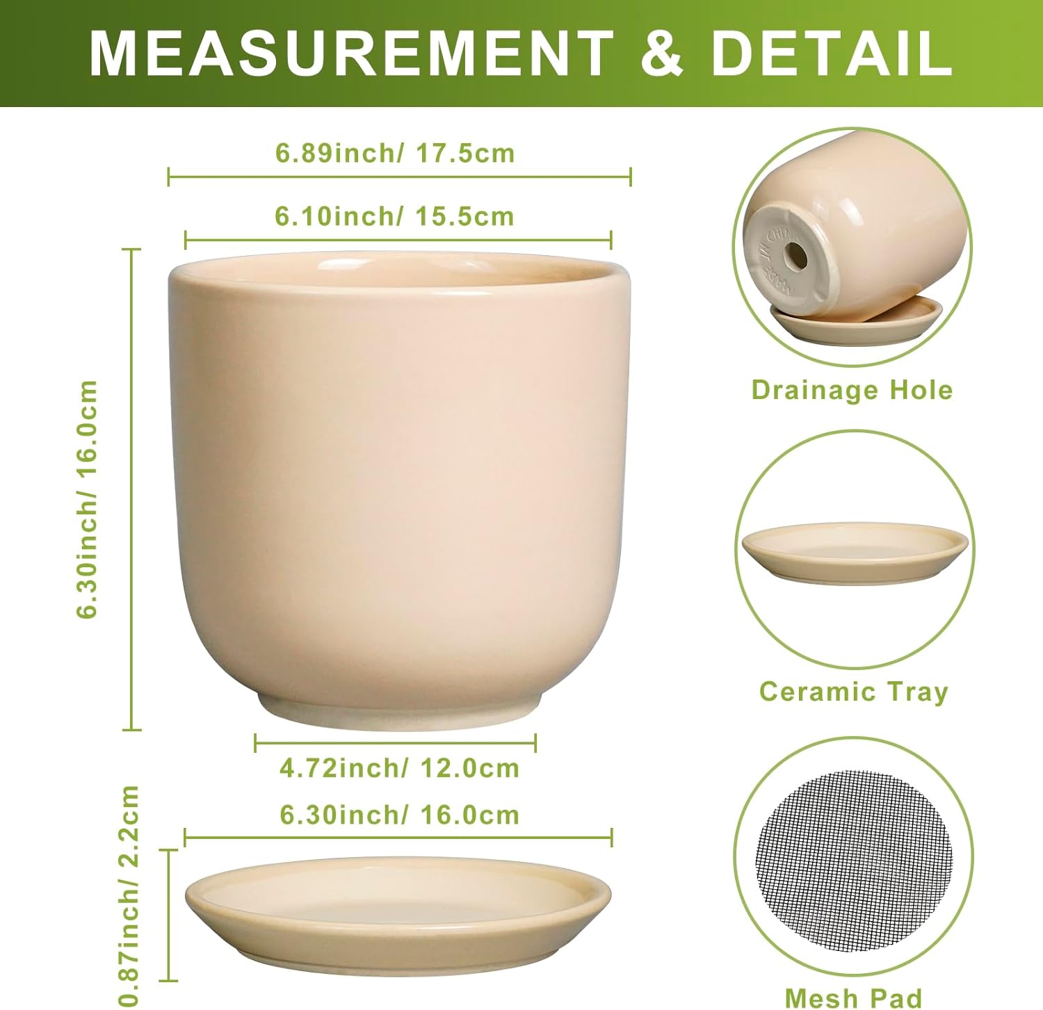 Ceramic Plant Pot - 7 Inch Mid Century Round Ceramic Planter for Indoor Plants with Drainage Hole and Saucer, Modern Home Decor, Yellow