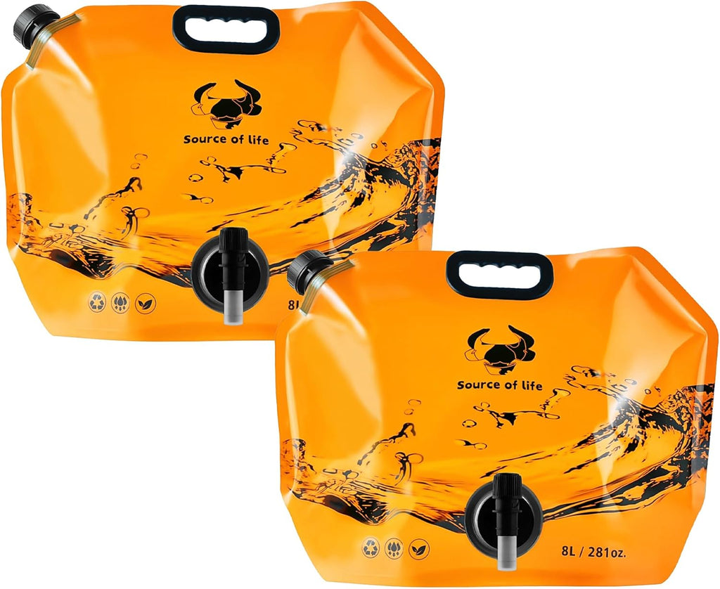 Collapsible 8L Water Storage Bag, BPA-Free Portable Folding Water Jug with Adjustable Faucet, Leakproof Emergency Water Bag for Camping, Hiking, Riding, Outdoor Sport (Orange, 2)