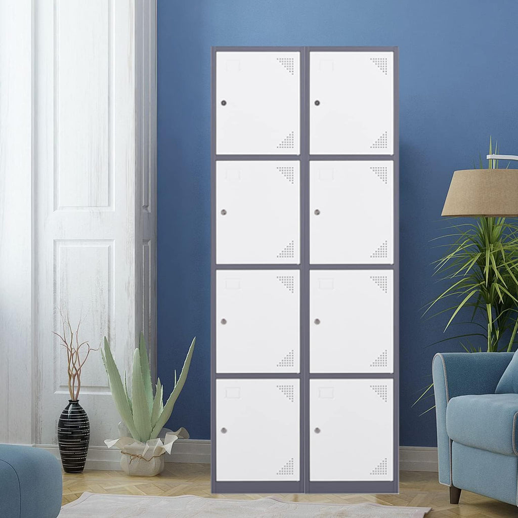 Metal Locker with 4 Doors, 71'' Lockers for Employees Steel Storage Locker, Lockable Locker Cabinet for School, Gym, Home Office and Garage（Grey White） (Rectangular)